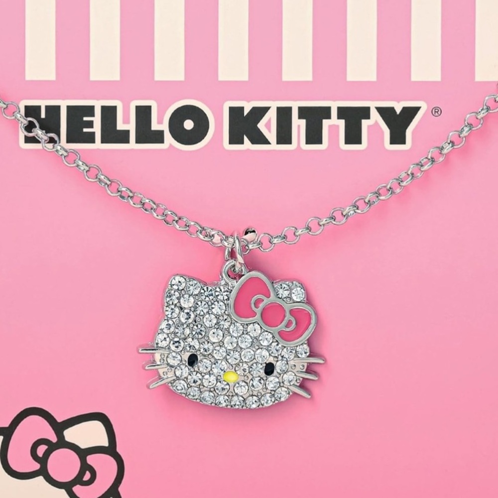 NWT HELLO KITTY Sanrio Sparkly Pave Crystal Pendant Necklace Silver Pink Bow